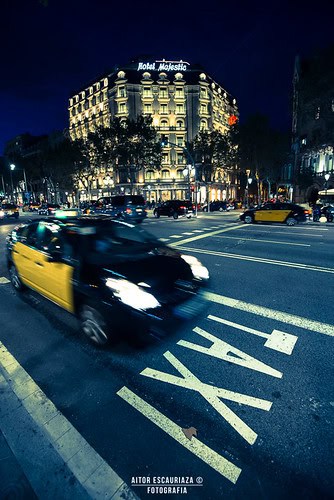 Barcelona taxi with visible meter showing the metered fare