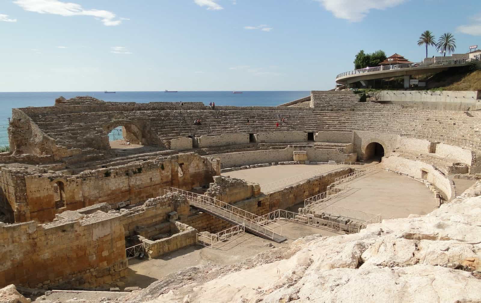 The Roman amphitheatre of Tarragona overlooking the Mediterranean Sea