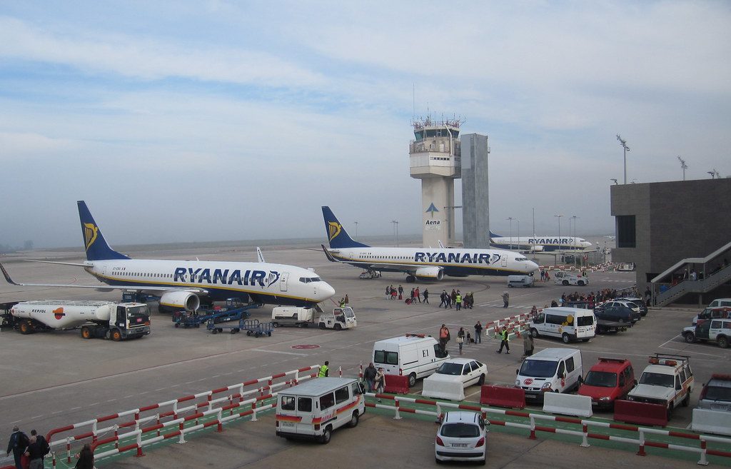 Ryanair aircraft parked at Girona-Costa Brava Airport, 90km from Barcelona