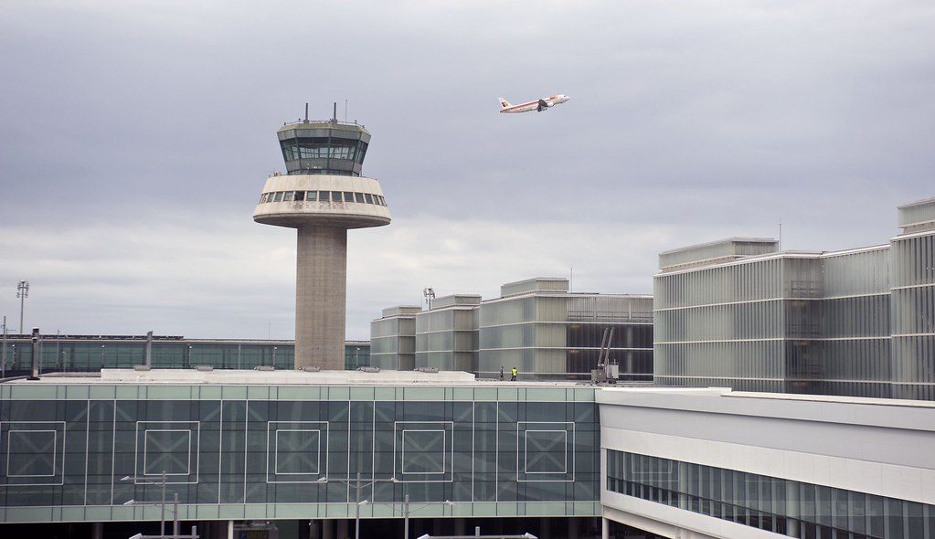 Terminal 1 building at Barcelona-El Prat Airport, near several airport hotels
