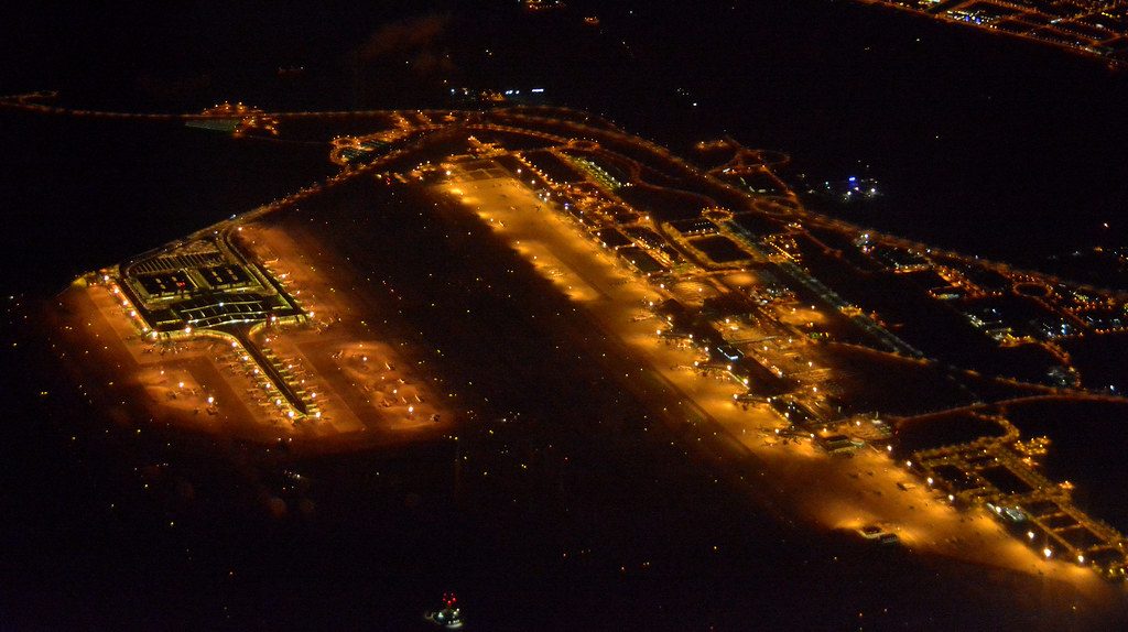 Barcelona-El Prat Airport terminal exterior at night